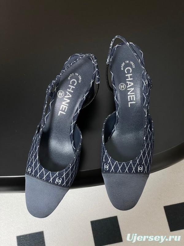 2025 Women Chanel Blue Denim Leather Sling-back Heels