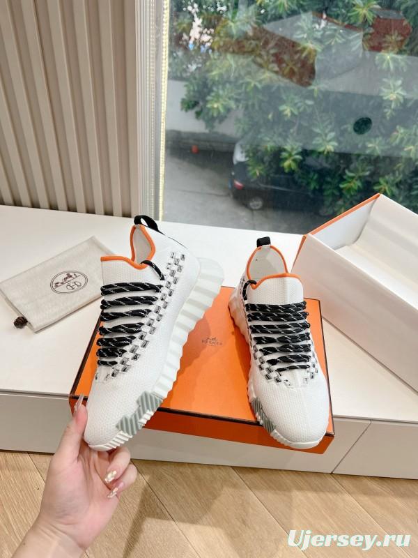 2024 Unisex Hermès White Black Orange Calfskin Suede Knit Sneakers MJ00290