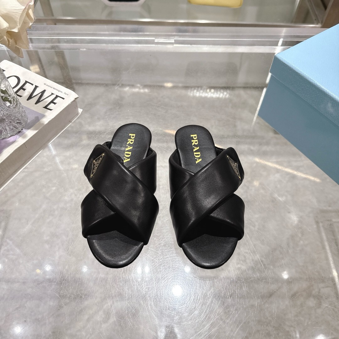 2025 Women Prada Black Leather Slippers