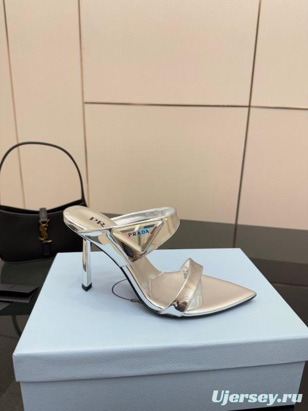 2025 Women Prada Silver Leather Pointed Toe Sandals