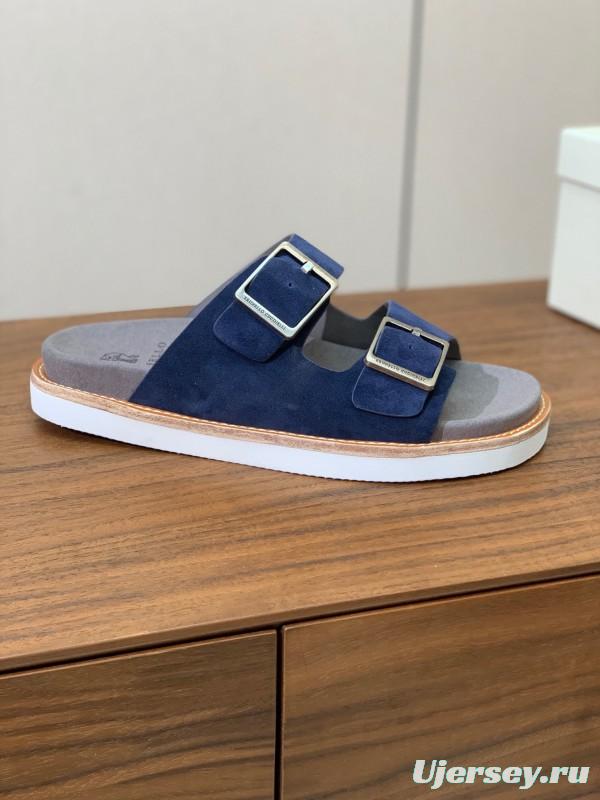 2025 Unisex Brunello Cucinelli Blue Suede Leather Slippers KFY00250