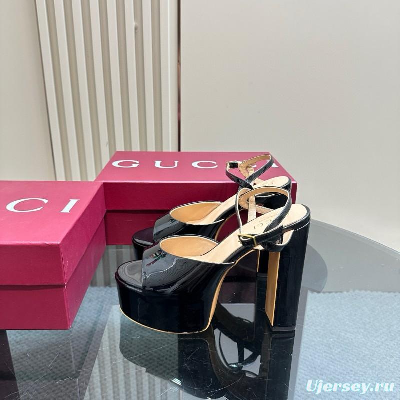 2025 Women Gucci Black Patent Leather Platform Sandals MJ00340