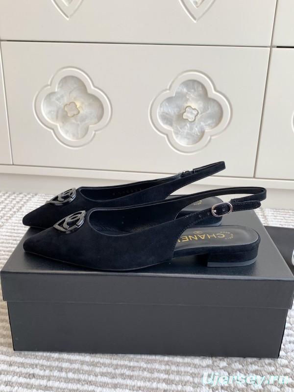 2025 Women Chanel Black Suede Slingback Heart Logo Flats KFY00300