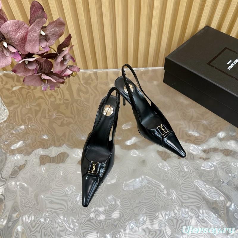 2025 Women Yves Saint Laurent Black Patent Leather Slingback Heels