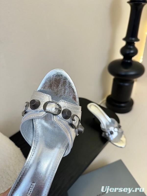 2025 Women Balenciaga Silver Leather High Heel Mules