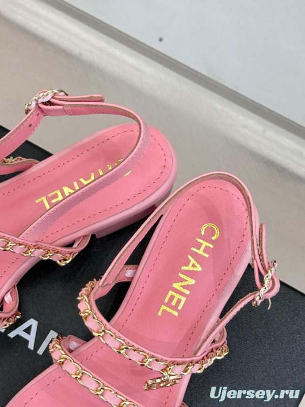 2025 Women Chanel Pink Leather Chain Strap Sandals
