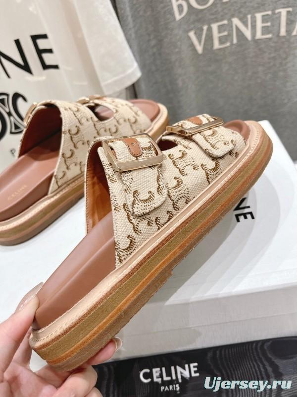 2025 Women Celine Beige Canvas Vintage Style Double Buckle Sandals Handcrafted Unisex LY00360(F)