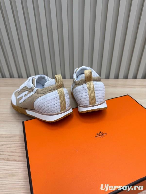 2025 Unisex Hermès White Beige Suede Down Fabric Sneakers Top Version KFY00300