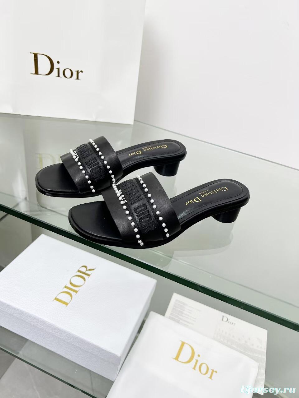 2025 Women Dior Black Leather Mules Pearl LY00210