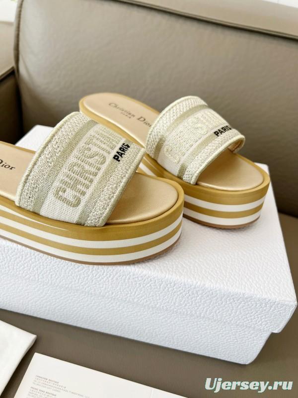 2025 Women Dior White Beige Canvas Platform Slippers