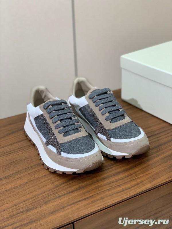 2025 Unisex Brunello Cucinelli Beige Gray White Leather Wool Casual Sneakers LY