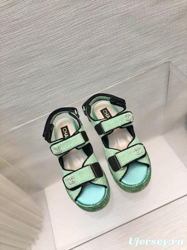 2025 Slippers Chanel Mint Green Textile Platform Sandals LY00330