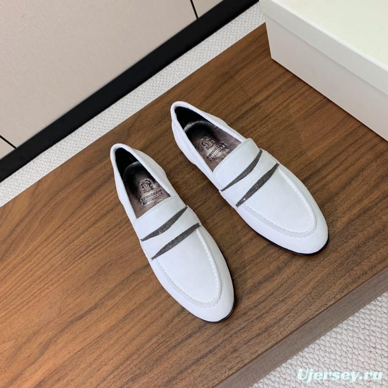 2025 Women Brunello Cucinelli White Suede Loafers Handcrafted Bead Chain Detail LY00360 (F)