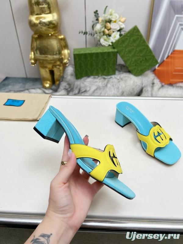 2025 Gucci Blue Yellow Leather Slippers