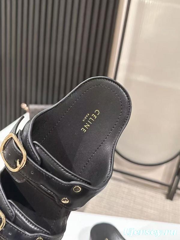 2025 Women Celine Black Leather Platform Slide Sandals LY00300