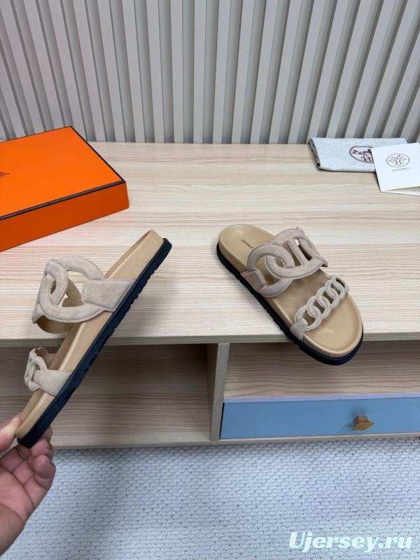 2025 Women Hermès Beige Suede Slippers