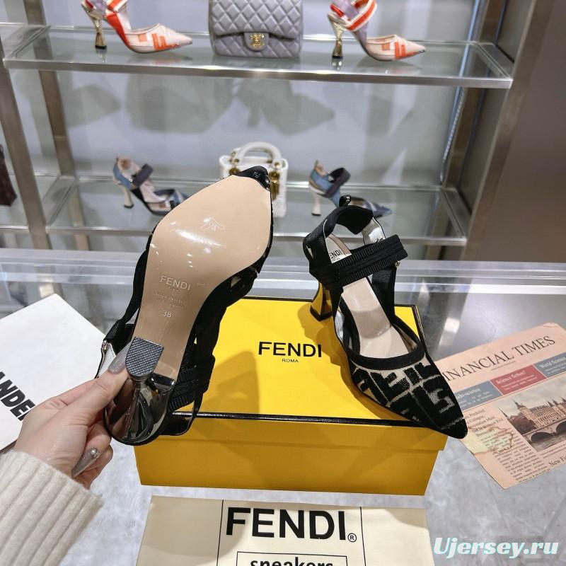 2025 Women Fendi Black Beige Fabric Leather High Heel MJ00280