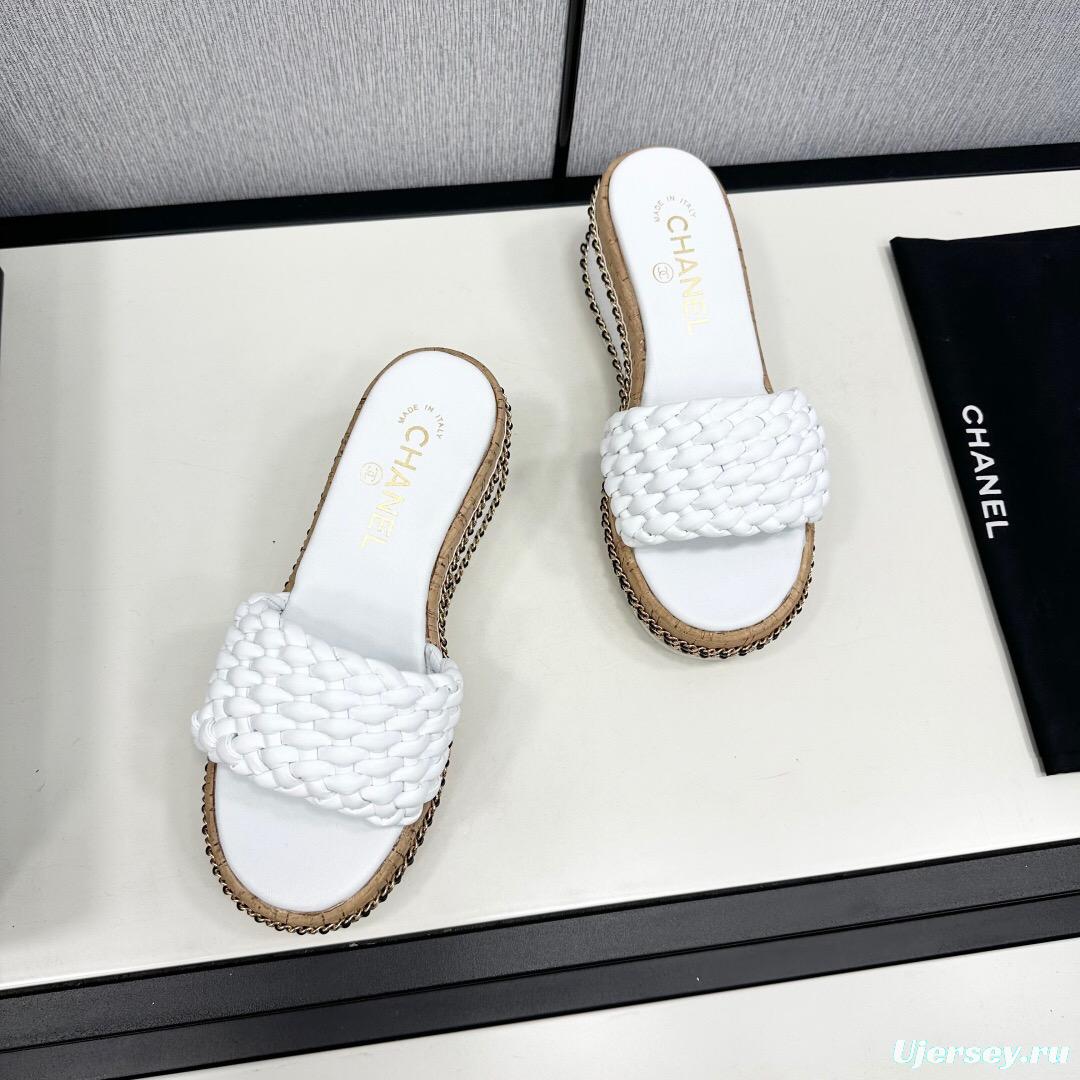 2025 Women Chanel White Leather Wedge Sandals