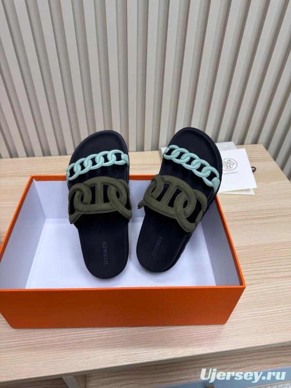 2025 Women Hermès Black Light Blue Leather Slippers