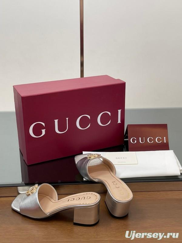 2025 Women Gucci Gold Leather Mules GG Emblem LY00280
