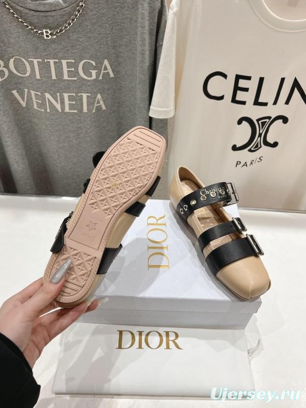 2025 Women Dior Beige Black Leather Mary Jane Buckle KFY00300