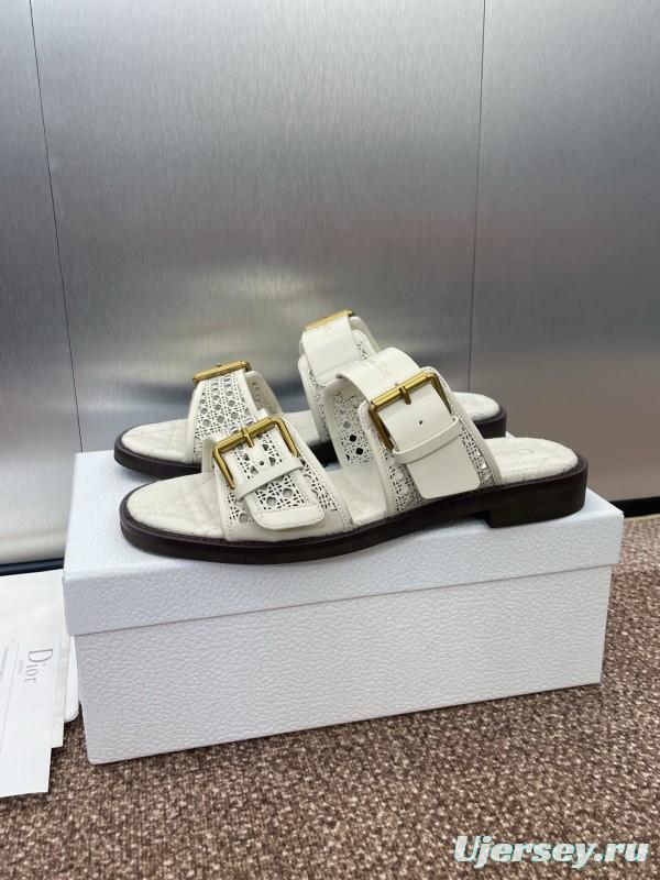 2025 Women Dior White Calfskin Leather Slippers CD Logo Buckle KFY00300