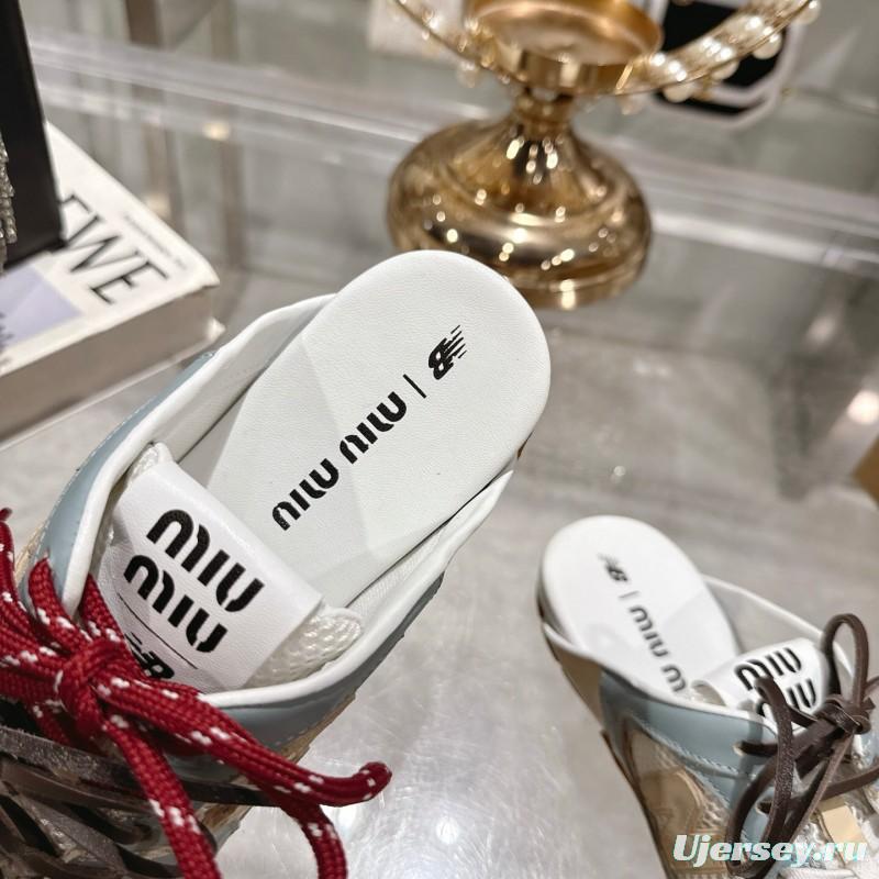 2025 Women Miu Miu Blue White Beige Leather Mesh Sneakers