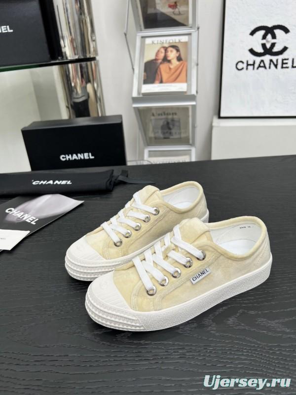 2025 Women Chanel Cream Canvas Leather Casual Sneakers LY00230