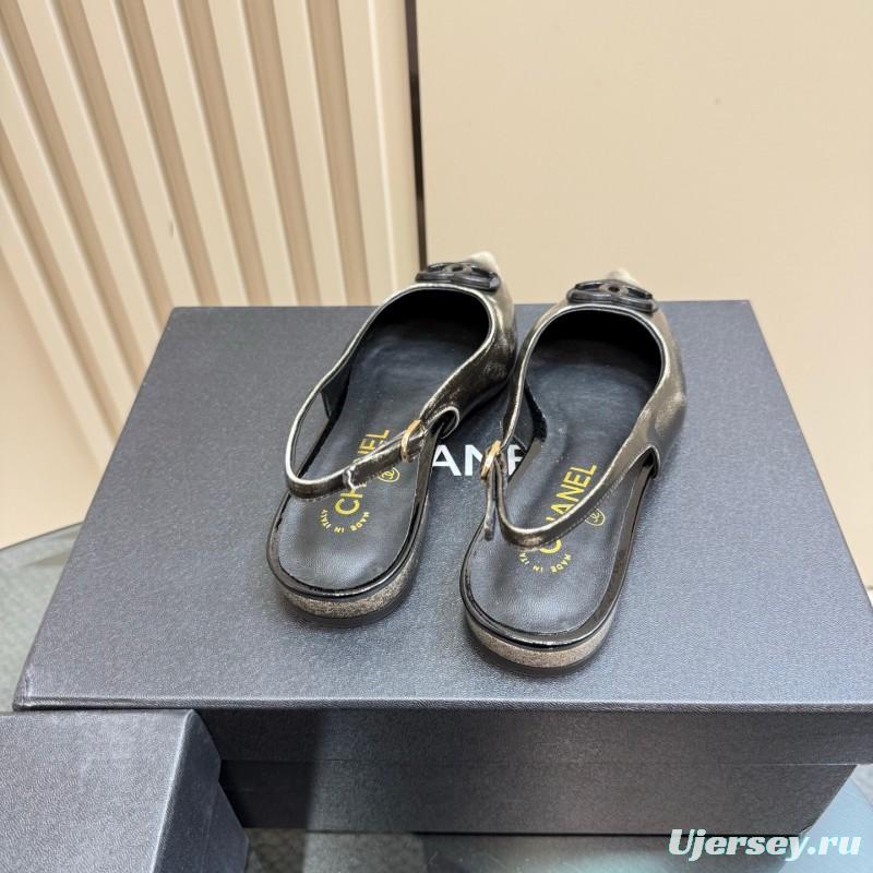 2025 Women Chanel Black Silver Satin Sandals KFY00290