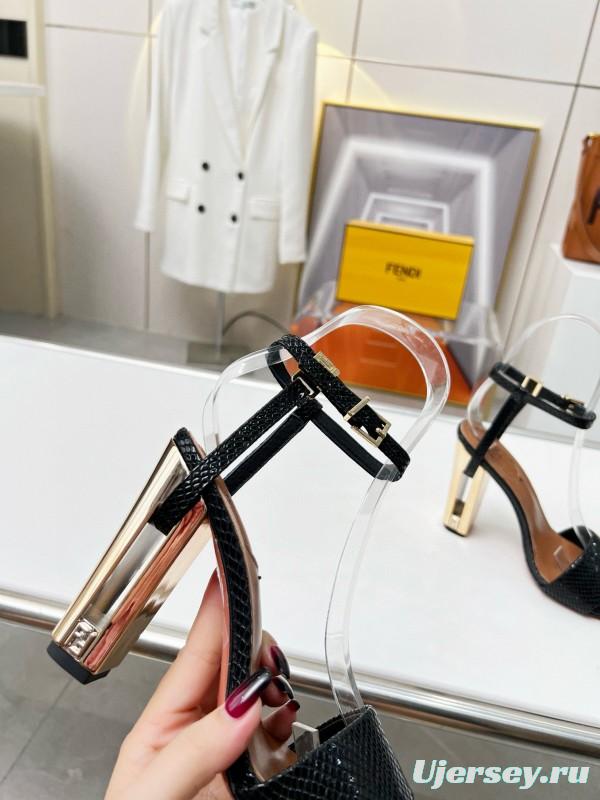 2025 Women Fendi Black Leather High Heel Sandals MJ00251