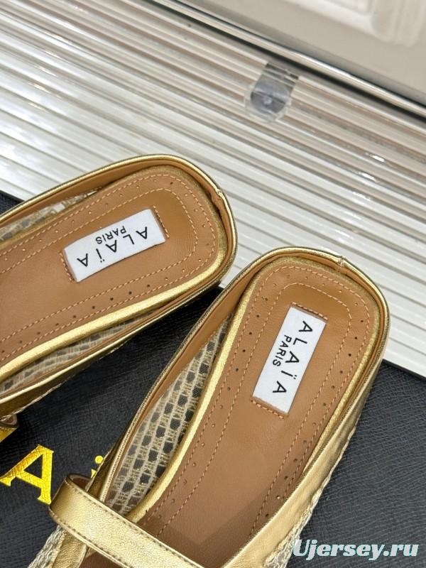 2025 Slippers AlAIA Gold Mesh Leather Slippers