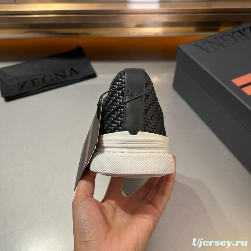 2024 Men Ermenegildo Zegna Black Smooth Calfskin Pelletessuta Sneakers Elastic Detail MJ00280