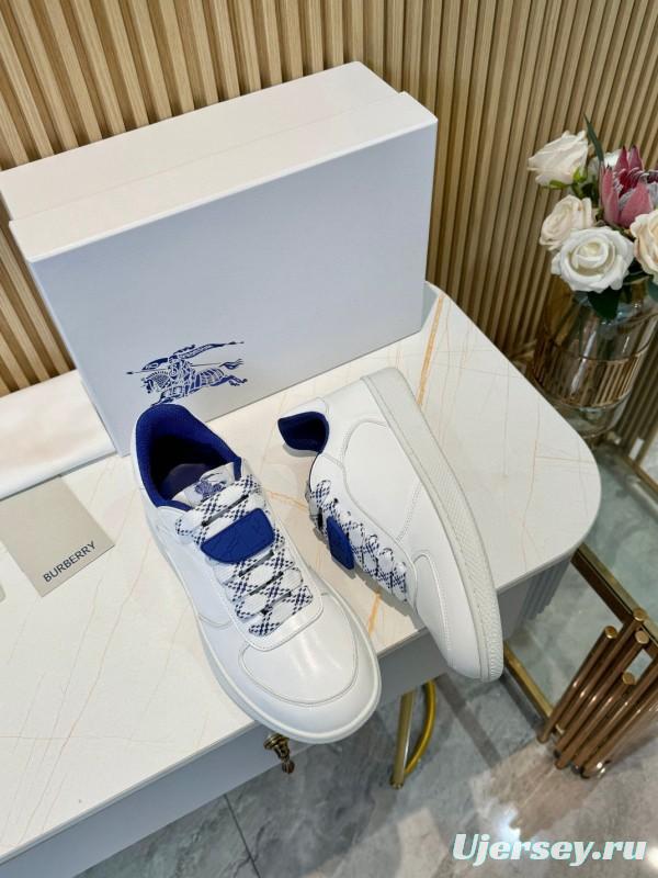 2024 Men Burberry White Blue Calf Leather Casual Sneakers MJ00330