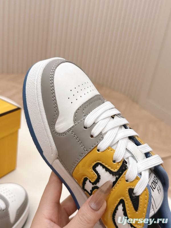 2025 Unisex Fendi White Yellow Grey Leather Sneakers FD Match LY00360(F)/LY00370(M)