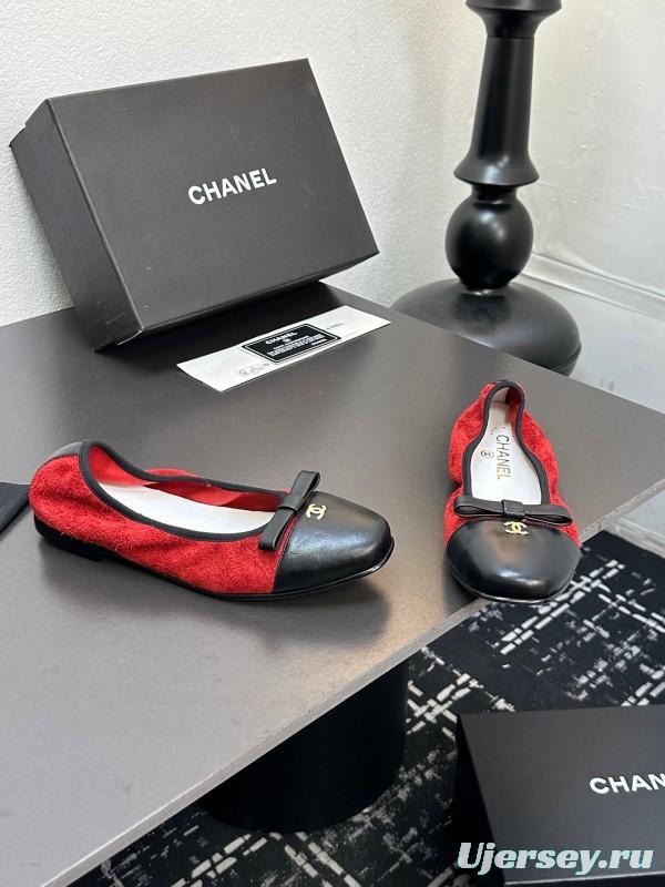 2025 Women CHANEL Red And Black Lambskin Ballet Flats Classic Bow Detail CC Logo LY00360(F)