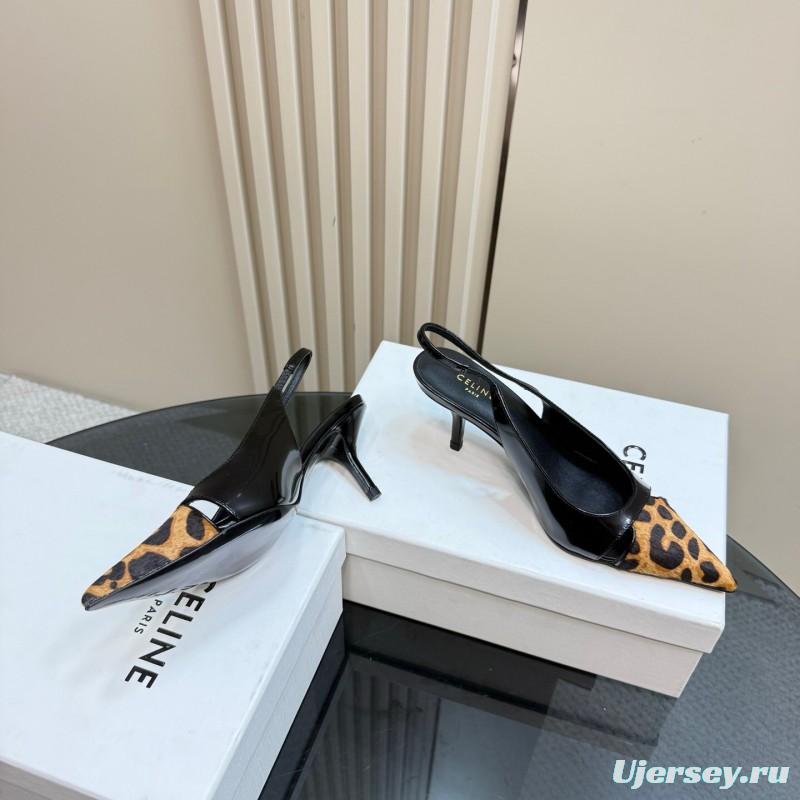 2025 Women CELINE Black Leopard Print Patent Leather Slingback Pumps