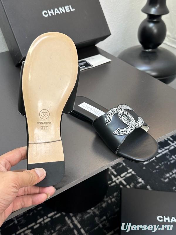 2025 Women Chanel Black Leather Rhinestone Logo Slide Sandals LY00360(F)