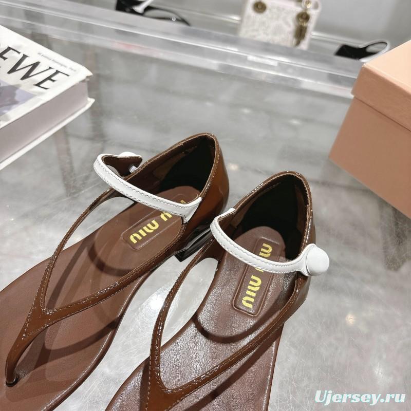 2025 Women Miu Miu Brown Leather T-Strap Flat Sandals KFY00289(F)