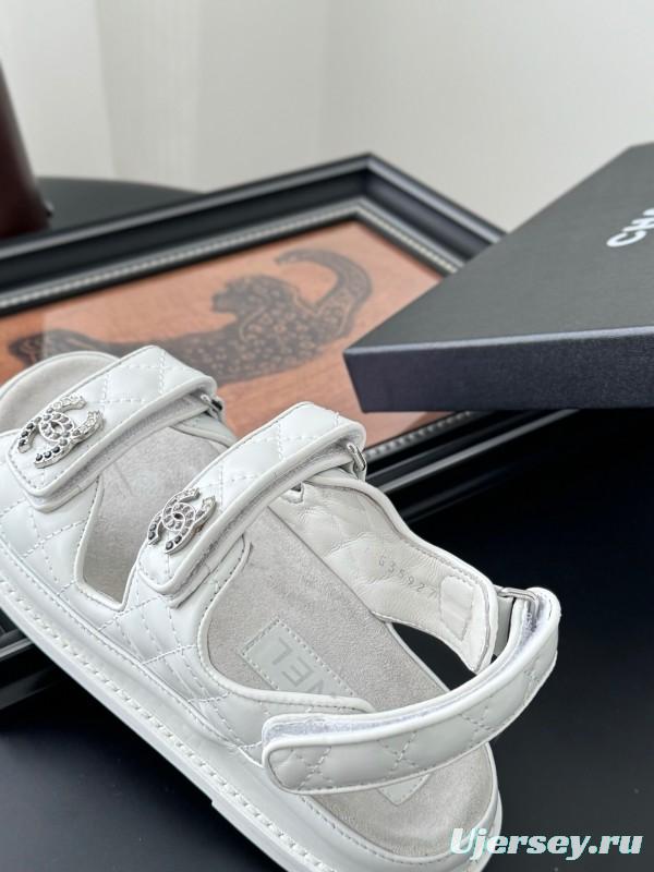 2025 Women Chanel White Leather Sandals LY00320