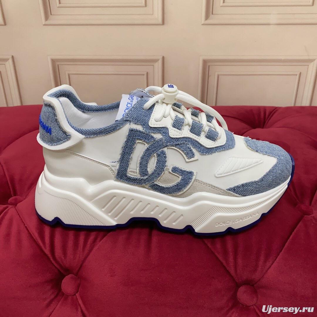 2025 Unisex Dolce & Gabbana White Blue Silk Leather Sneakers Exclusive Craft LY00330(F)/LY00340(M)