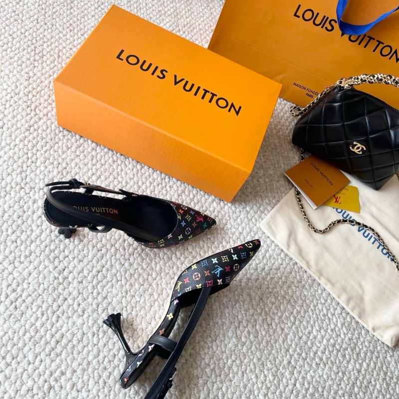 2025 Women Louis Vuitton Black Multicolor Canvas Leather Slingback Heels