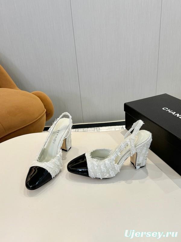 2025 Women Chanel White Black Leather Tweed Slingback Block Heel LY00270