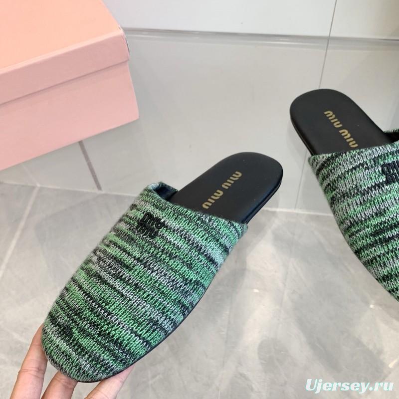 2025 Miu Miu Green Black Fabric Slippers