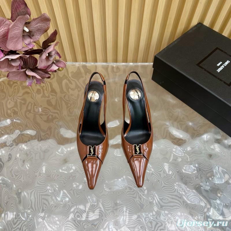2025 Women Yves Saint Laurent Brown Patent Leather Slingback Heels