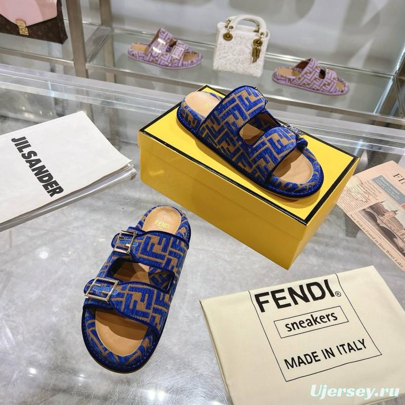 2025 Fendi Blue Fabric Leather Slippers MJ00230