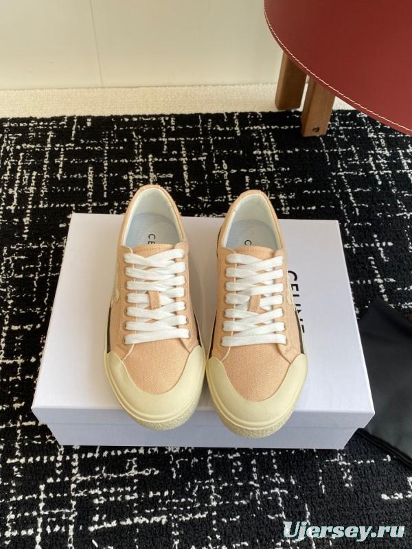 2025 Women Celine Beige Canvas Leather Platform Sneakers