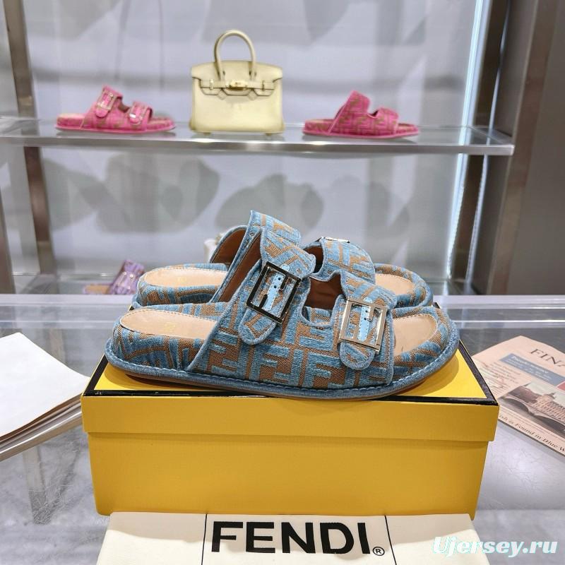 2025 Fendi Blue Beige Jacquard Fabric Slippers Buckle MJ00230