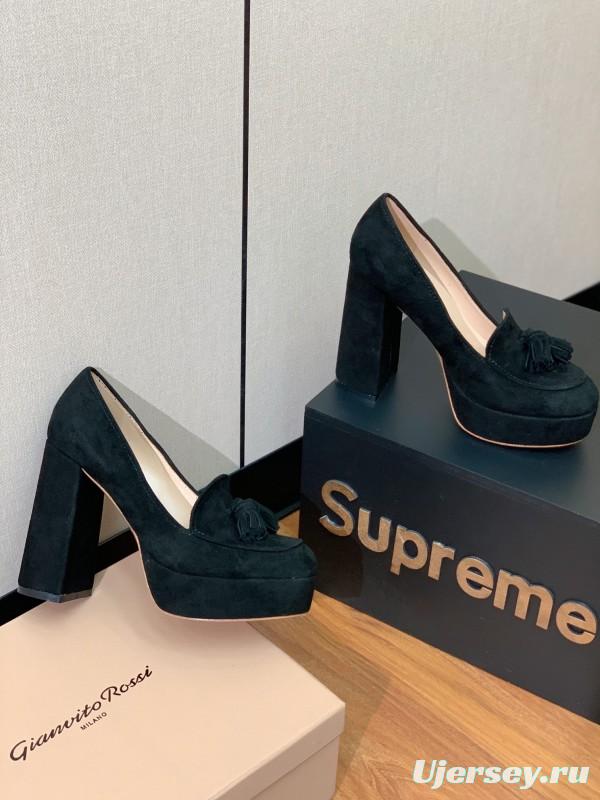 2025 Women Gianvito Rossi Black Suede Platform Tassel Loafer KFY00330