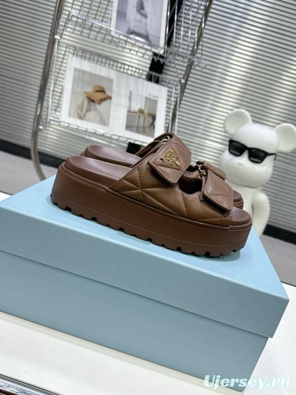 2025 Women Prada Brown Leather Sandals