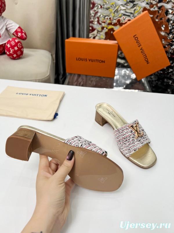 2025 Women Louis Vuitton Pink White Tweed Leather Heeled Mules LY00220